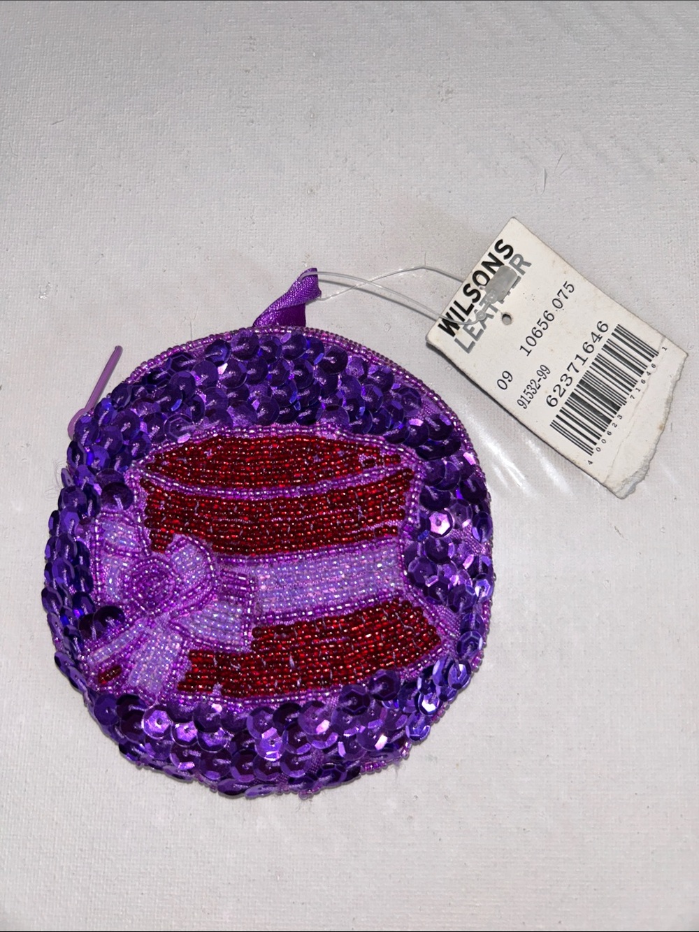 NWT Wilsons Leather Purple Sequin Round Coin Purse with Red Beading